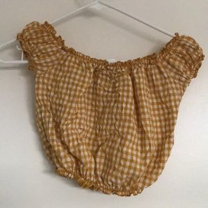 mustard gingham rio off shoulder crop top shirt
